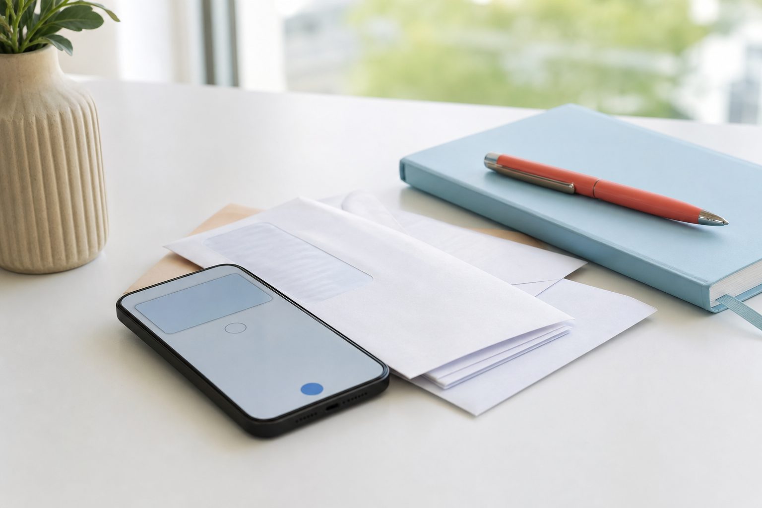 Phone with a blank payment screen beside envelopes and a notebook on a white desk