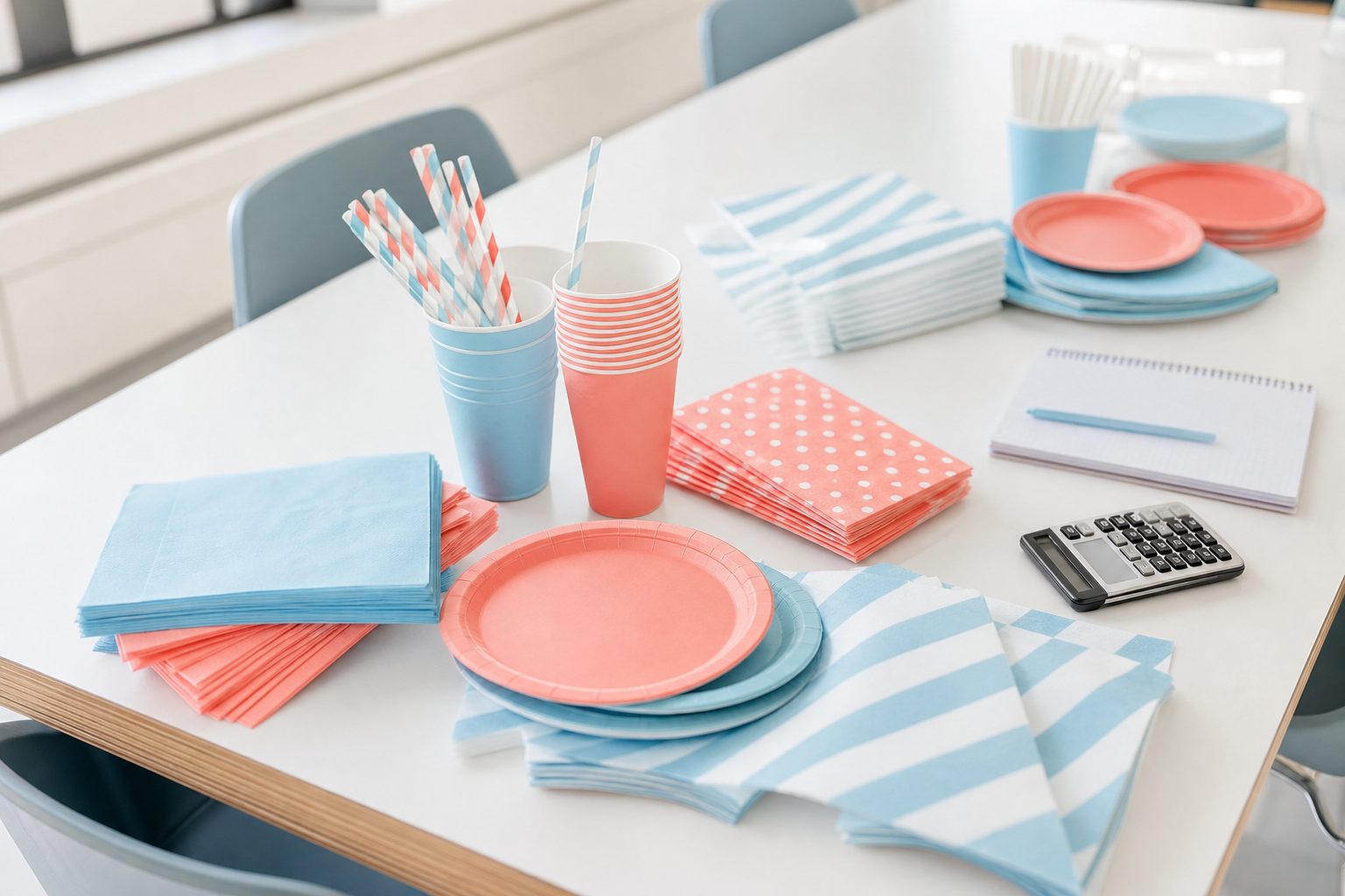 Classroom party supplies laid out on a white table with a notepad and calculator
