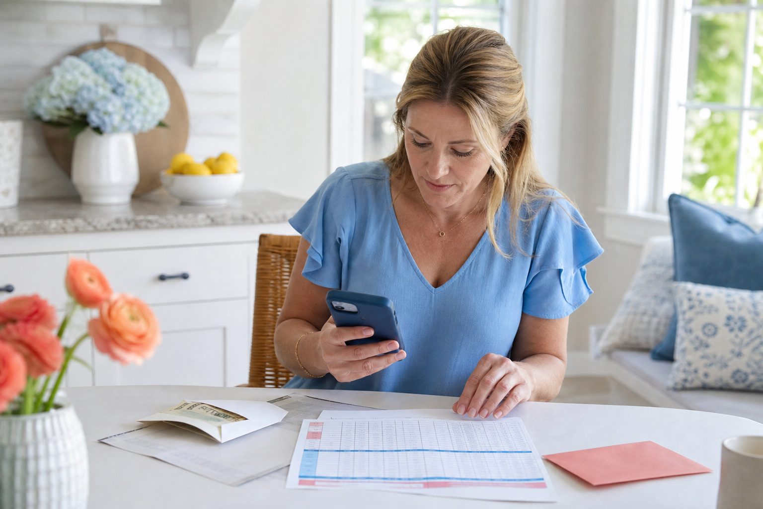 Parent volunteer at a sunlit kitchen table with a phone, a class roster and a contribution envelope