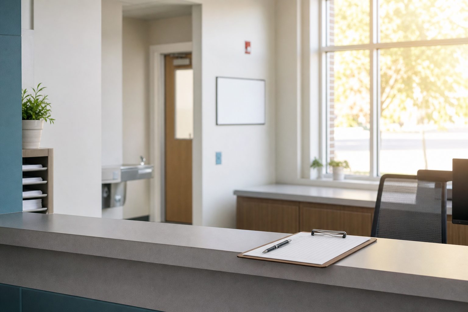 Bright school front office counter with a sign-in clipboard beside a sunlit window