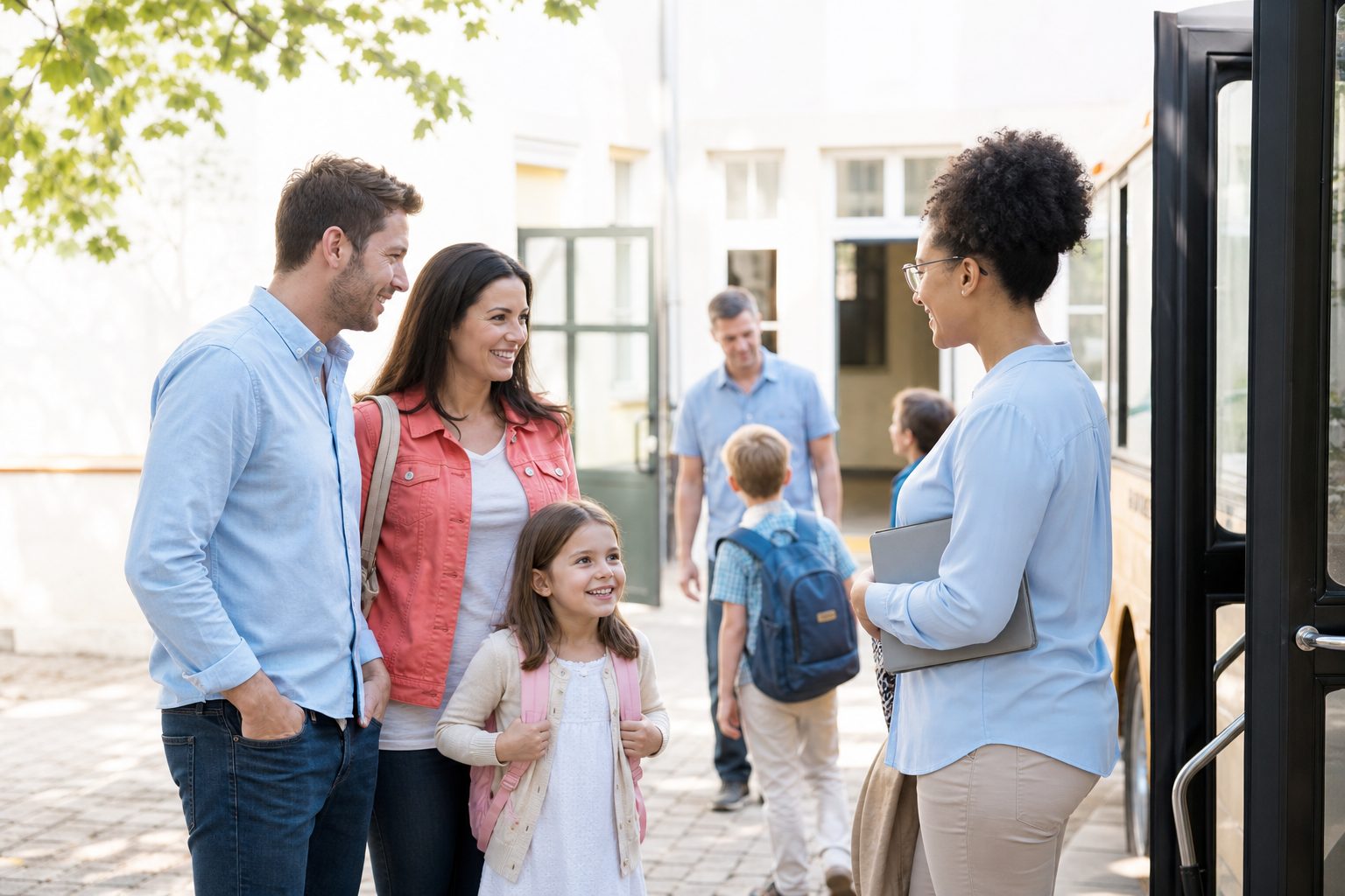 Parents and a teacher gathered on a bright school sidewalk beside a bus in morning sun