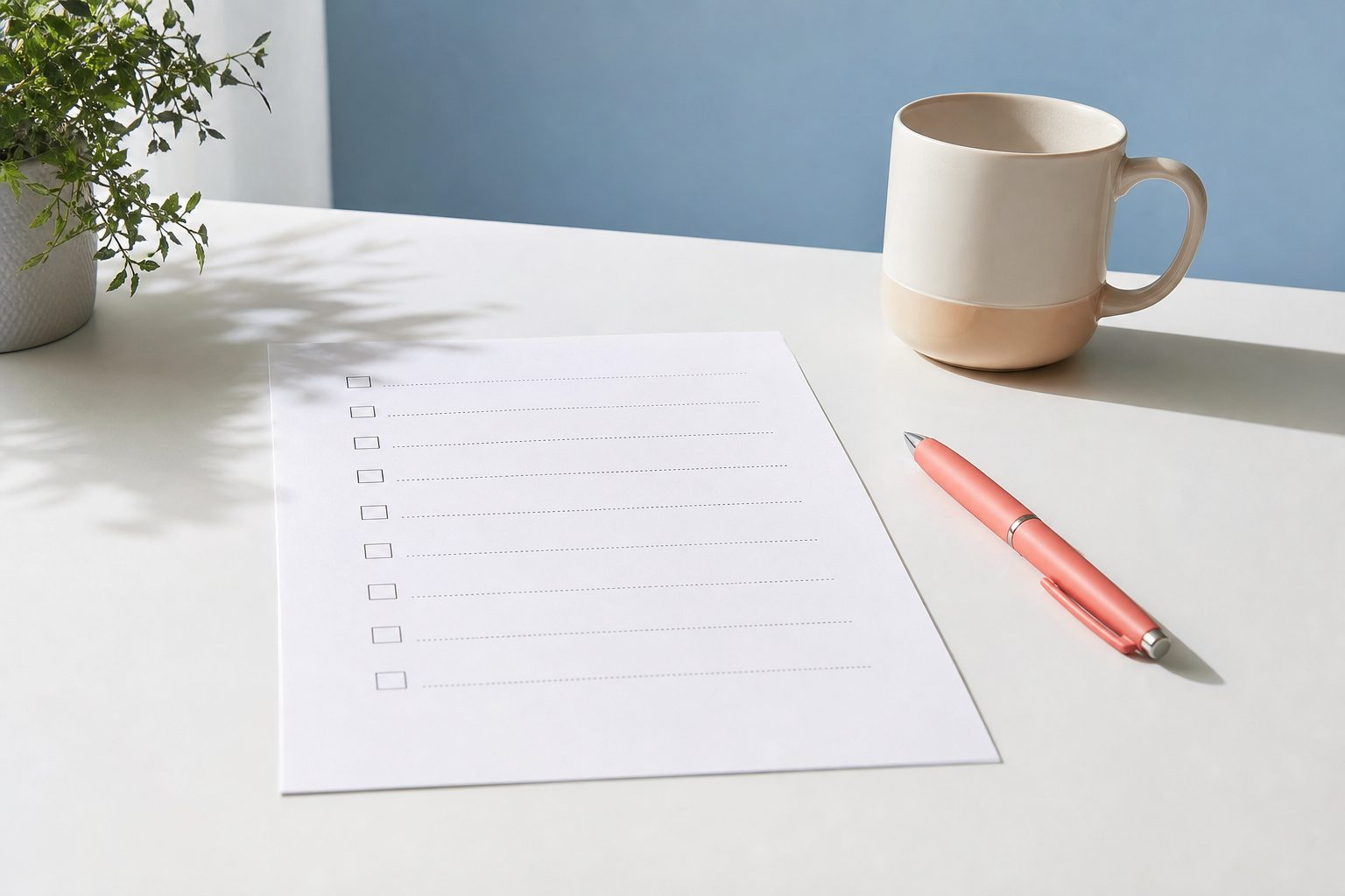 Blank printed checklist on a white desk with a pen and mug in morning light