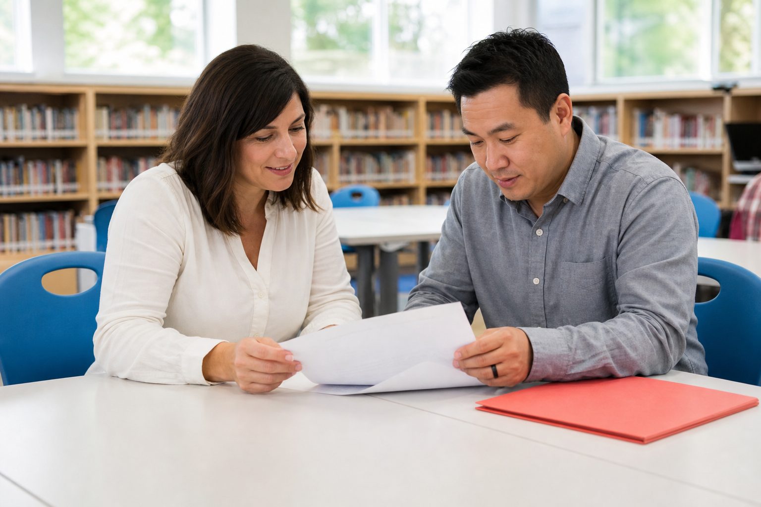 Two parent volunteers comparing paperwork across a white table in a bright school library