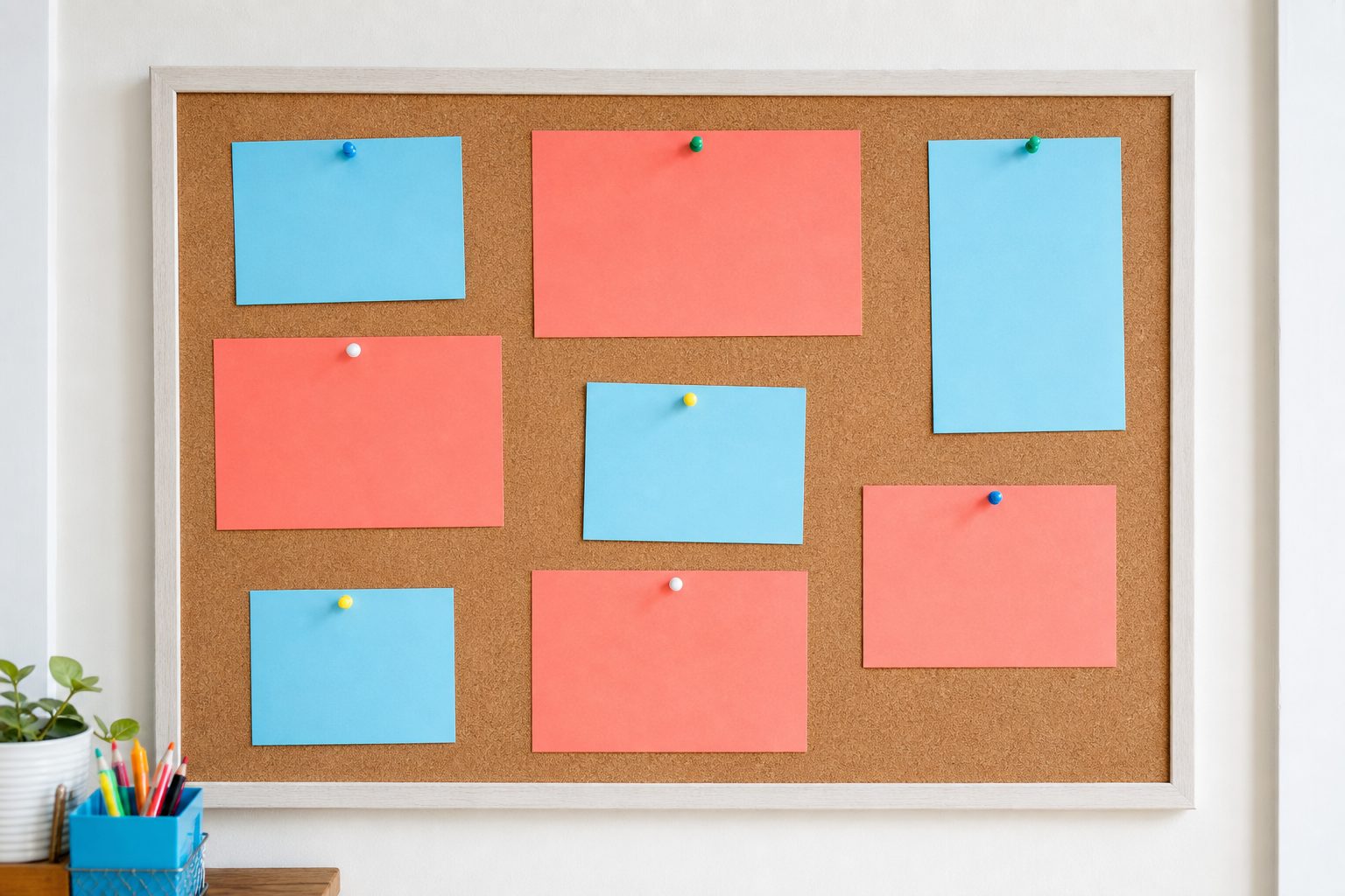 Classroom notice board with pinned blank cards and colorful pushpins in bright daylight