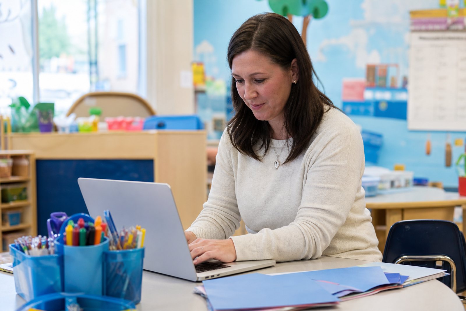 A parent volunteer filling in a classroom signup list on a laptop at a school table with craft supplies beside her