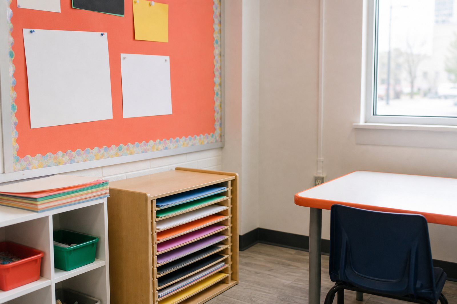 A bright classroom corner with a bulletin board, folded paper and craft supplies on a small table